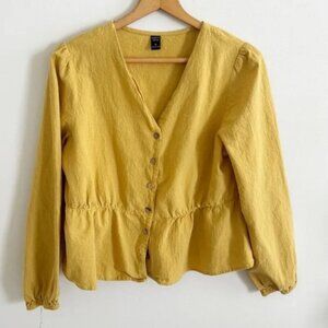 Energy rose boutique mustard yellow peplum long sleeve button down top size L